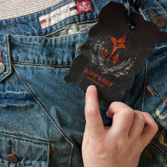 Blue Distressed Denim Cargo Pants Beaded Goddess Embroidery | Size 29 + Boho Y2K - Picture 5 of 9